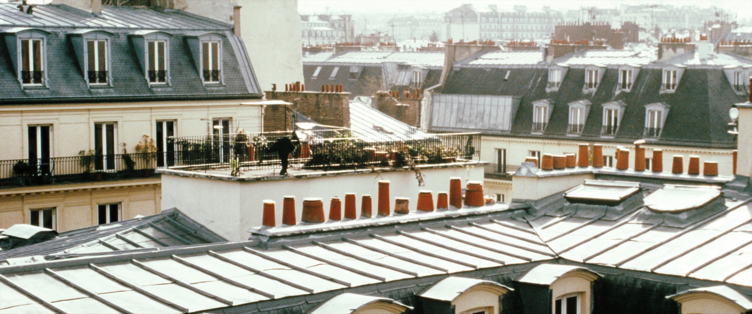 Paris rooftops in flat winter light, seen from a mansard window