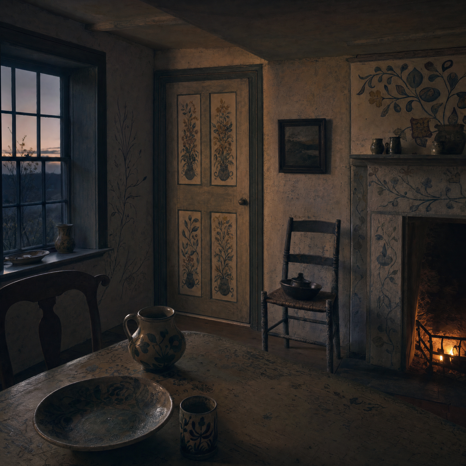 A painted farmhouse room at dusk, decorated panels and hand-worked surfaces, chalk downland beyond the window