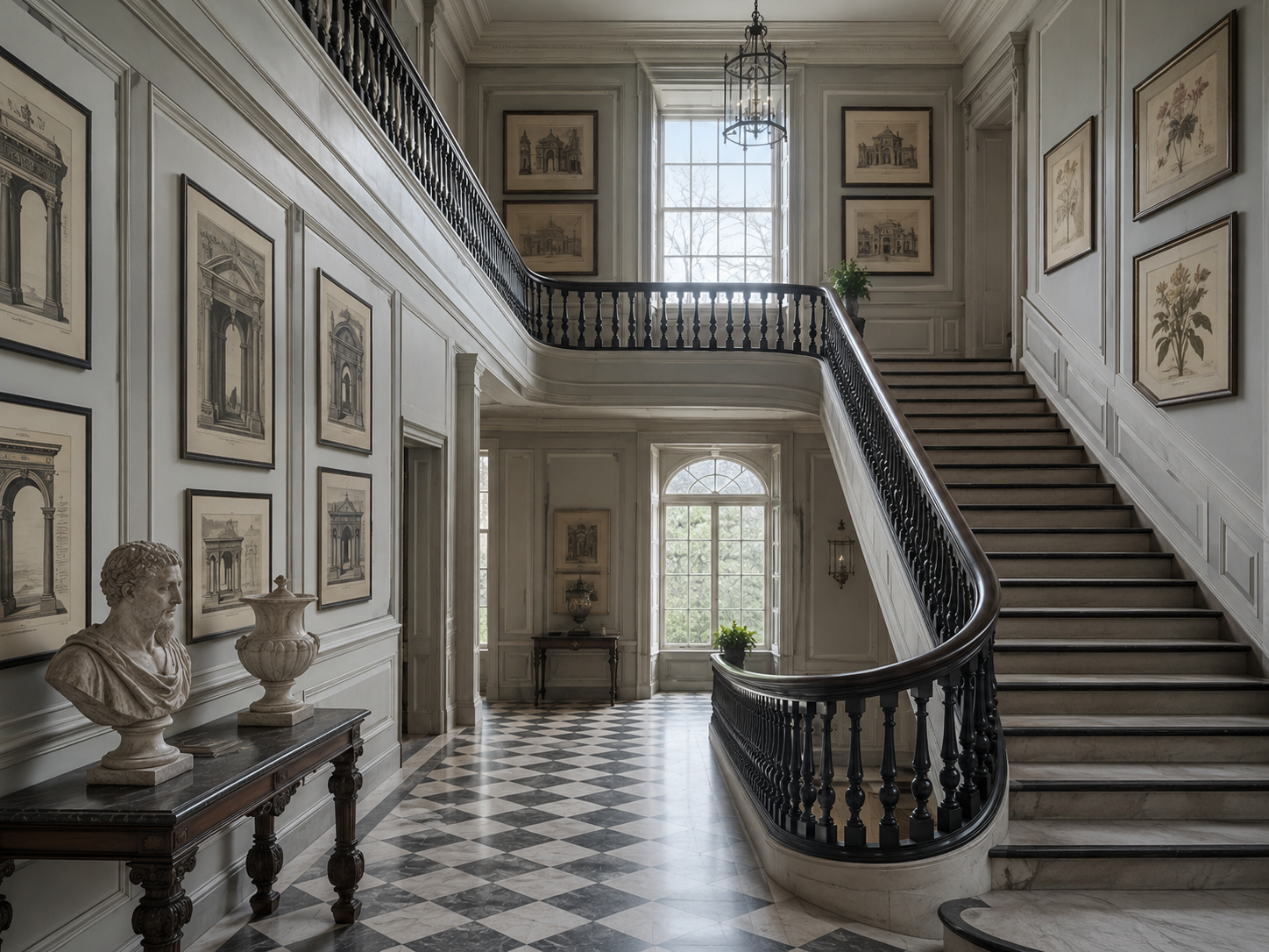 A manor staircase hall hung with architectural prints