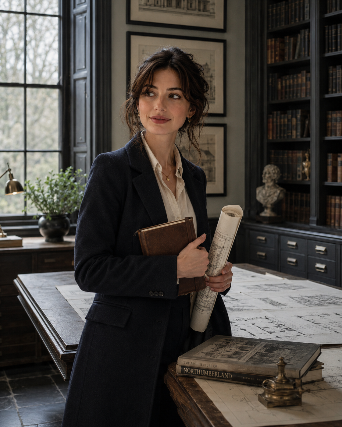 Bea at the drafting table with the 1897 elevations